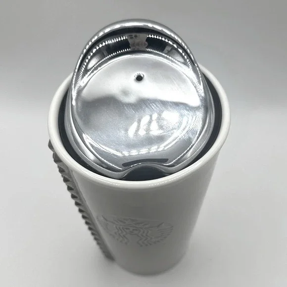 Starbucks 2014 Triangle Studded Ceramic Travel Tumbler 10oz White Silver Lid - Picture 3 of 5